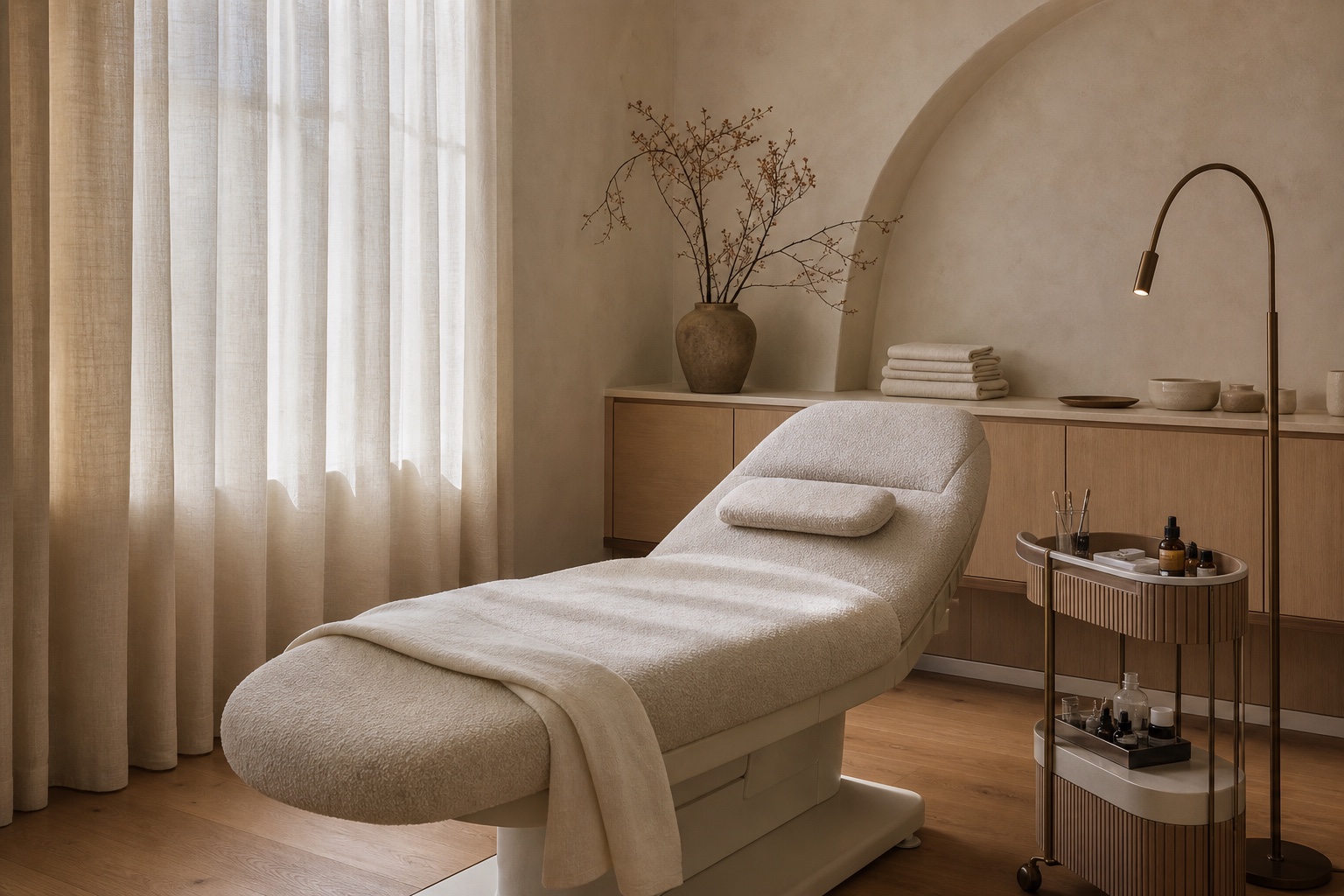 Warm, private beauty studio prepared for a one-to-one appointment